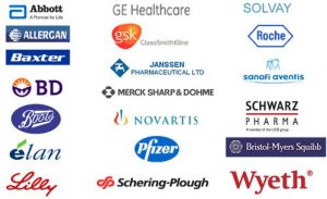 Logos de varias empresas farmacéuticas, como Pfizer, GSK, Roche o Novartis.