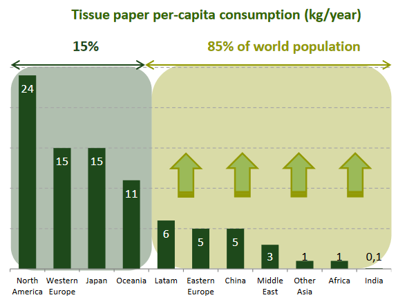Cálculos en de Ence sobre el consumo de celulosa en el mundo. Espera que el consumo de los países emergentes aumente, pero no que se reduzca el de los países avanzados.