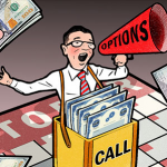 Hombre con altavoz anunciando opciones de compra