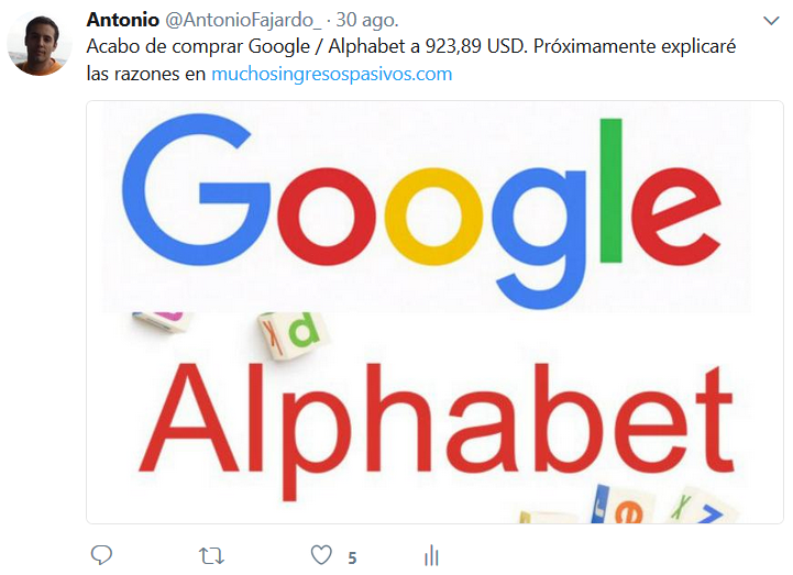 Compro acciones de Google / Alphabet a principios de septiembre de 2017