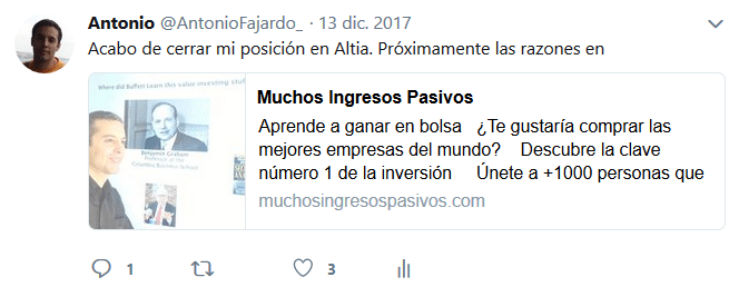 Venta de acciones de Altia anunciada en Twitter