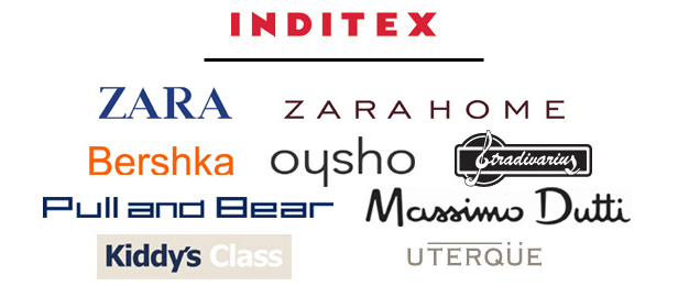 Marcas del grupo Inditex: Zara, Zara Home, Bershka, Oysho, Stradivarious, Pull and Bear, Massimo Dutti, Kiddy's Class y Uterque
