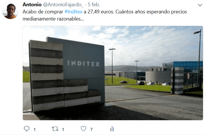 Mi tuit de principios de 2018 en el que aviso en directo de la compra de Inditex a 27,49 euros.