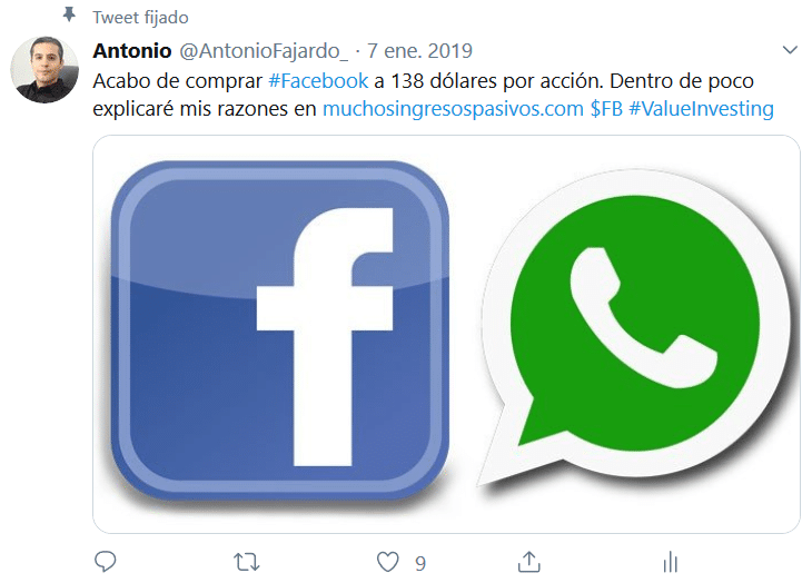 Tuit en el que avisé de mi inversión en Facebook