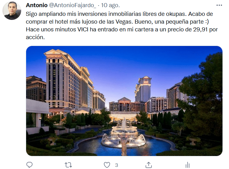 Mi tweet del 10 de agosto, informando de que compré acciones de la somici estadounidense VICI Properties a 29,91 dólares por acción