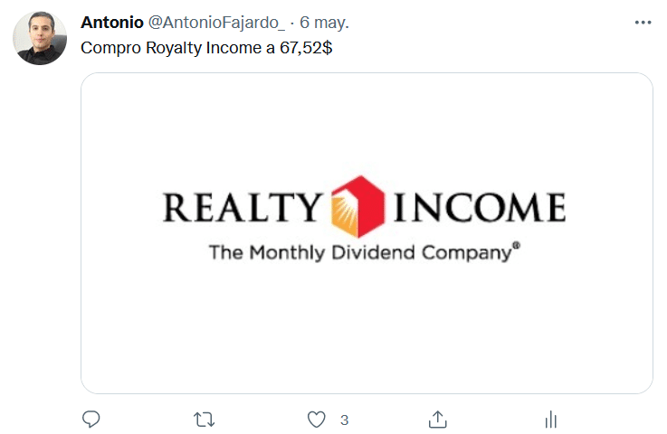 Mi aviso por Twitter de mi inversión en acciones de Realty Income el 6 de mayo a un precio de 67,52 dólares por acción